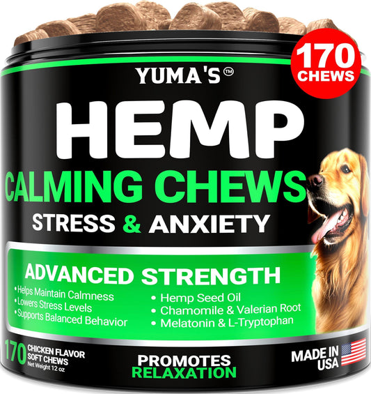 YUMA'S Hemp Calming Chews for Dogs   Advanced Dog Calming Treats   Dog Calming Chews   170 Chews   Anxiety Relief Treats   Separation Aid Barking Stress Relief Thunderstorms   Melatonin   Hemp Oil