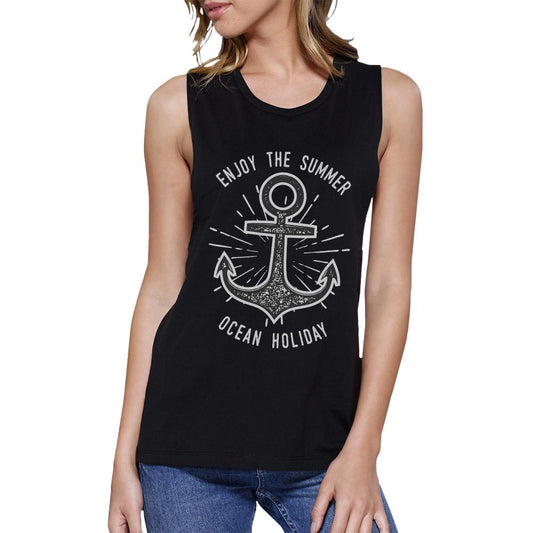Enjoy The Summer Ocean Holiday Womens Black Muscle Top
